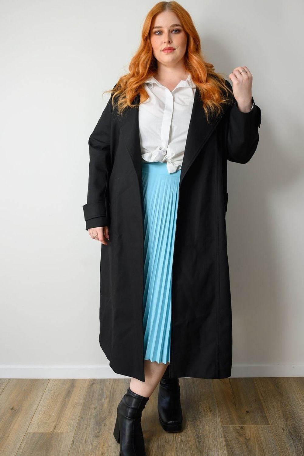 knotted shirt pleated skirt  and a long coat for rectangular figure