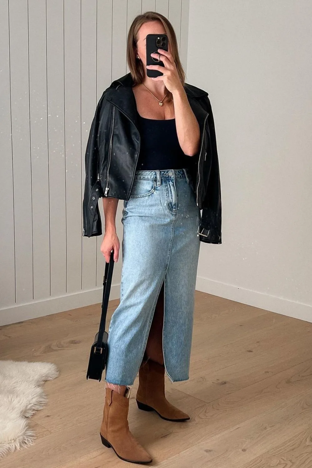 long denim skirt and leather jacket