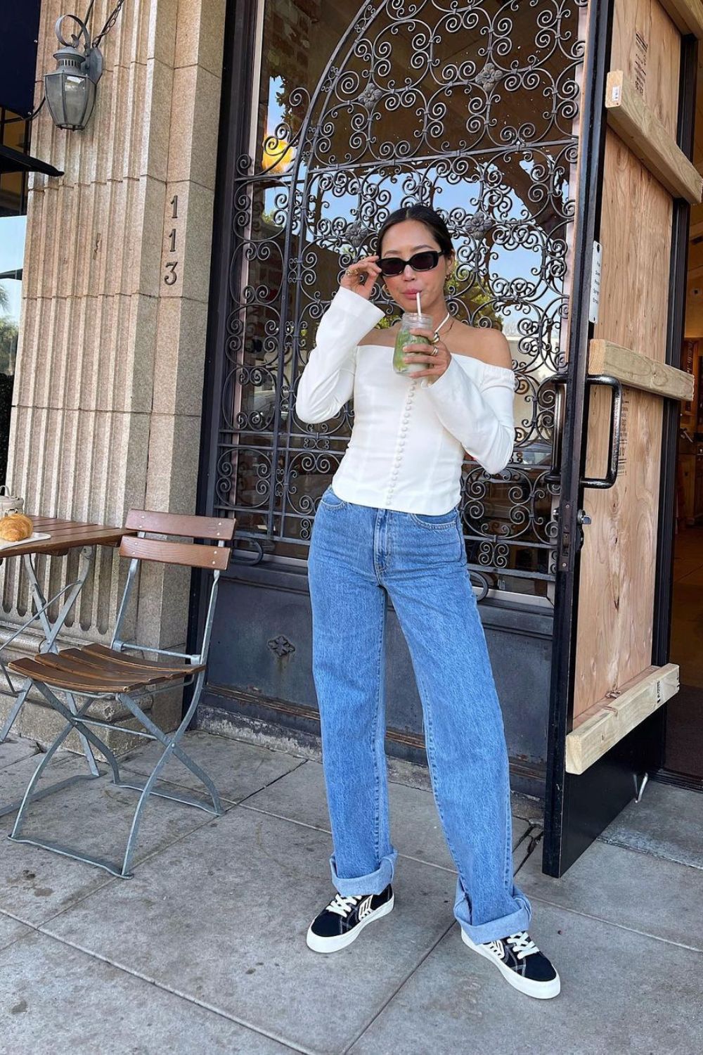 denim trousers and white blouse mom outfit idea