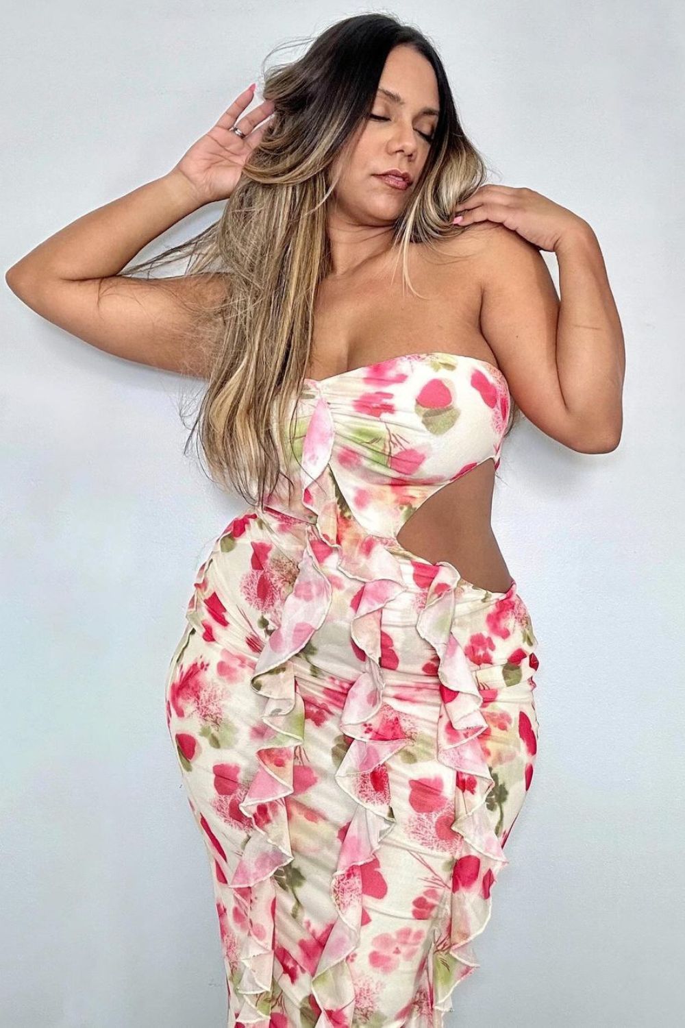 floral ruffle dress with slits on hourglass figure