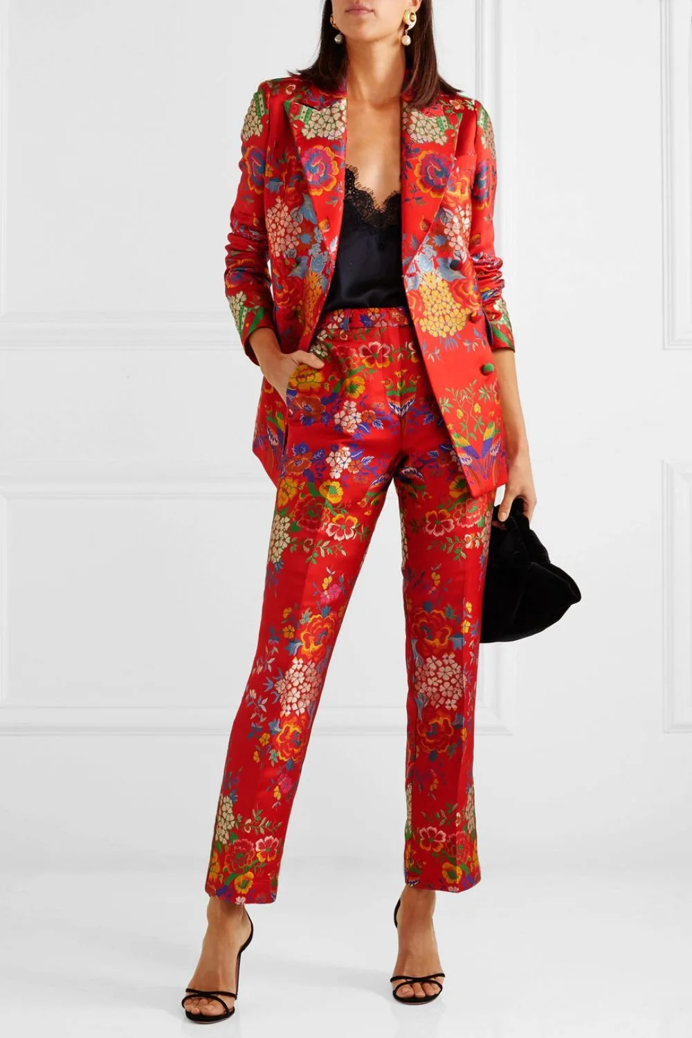 Red suit with a floral pattern