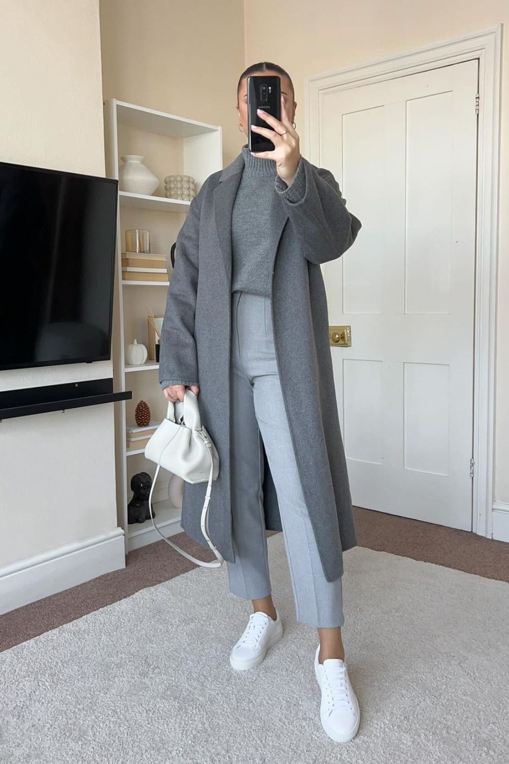 Modern gray winter mom outfit