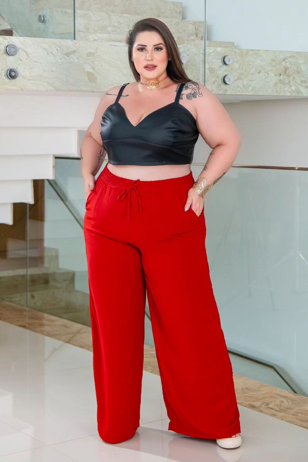 leather top and red pants for summer