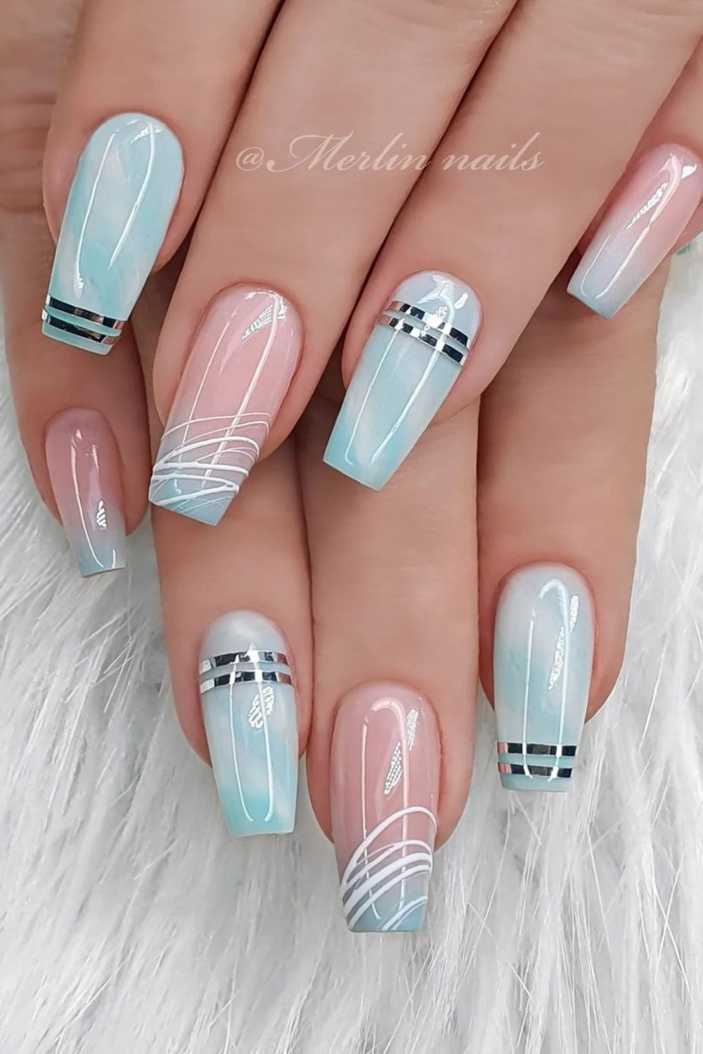 light blue nails with silver details