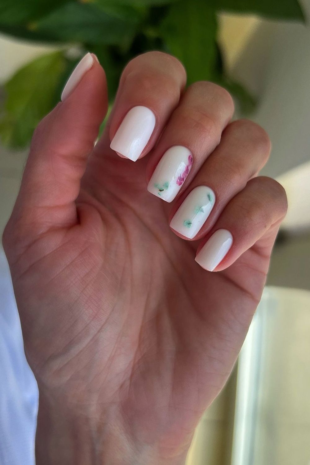 milky white nails with flower details