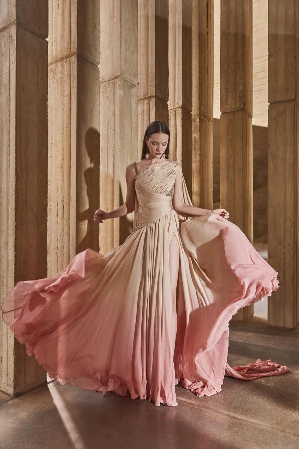 model wearing blush pink dress