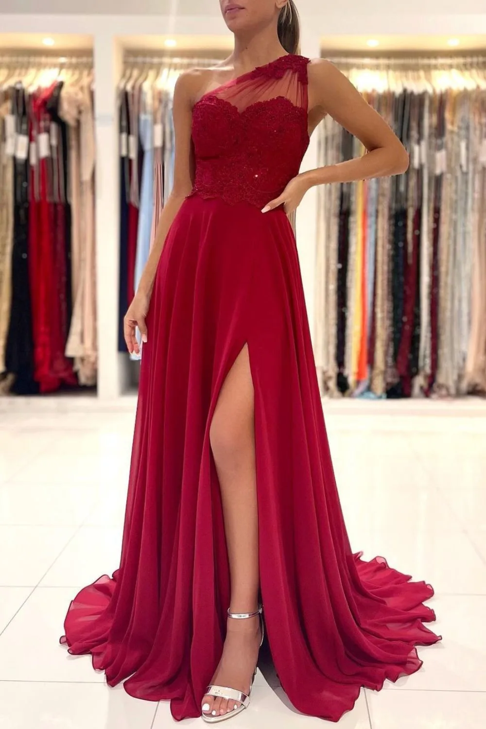 one shoulder dress with high slit