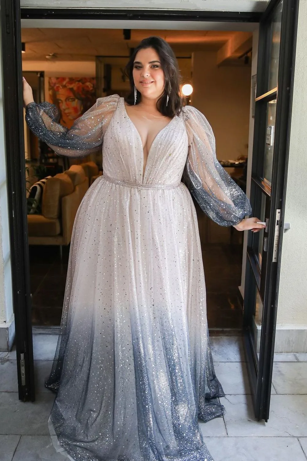 plus size tulle long sleaves prom dress