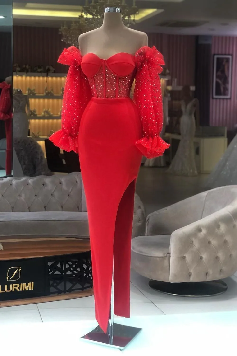 red dress with puff sleeves on the doll