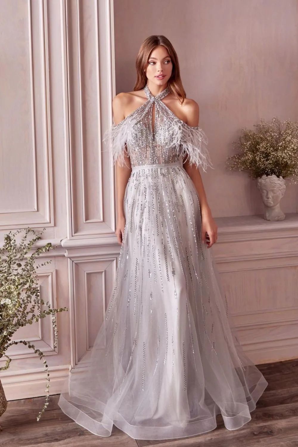 silver long dress with features and sparkles