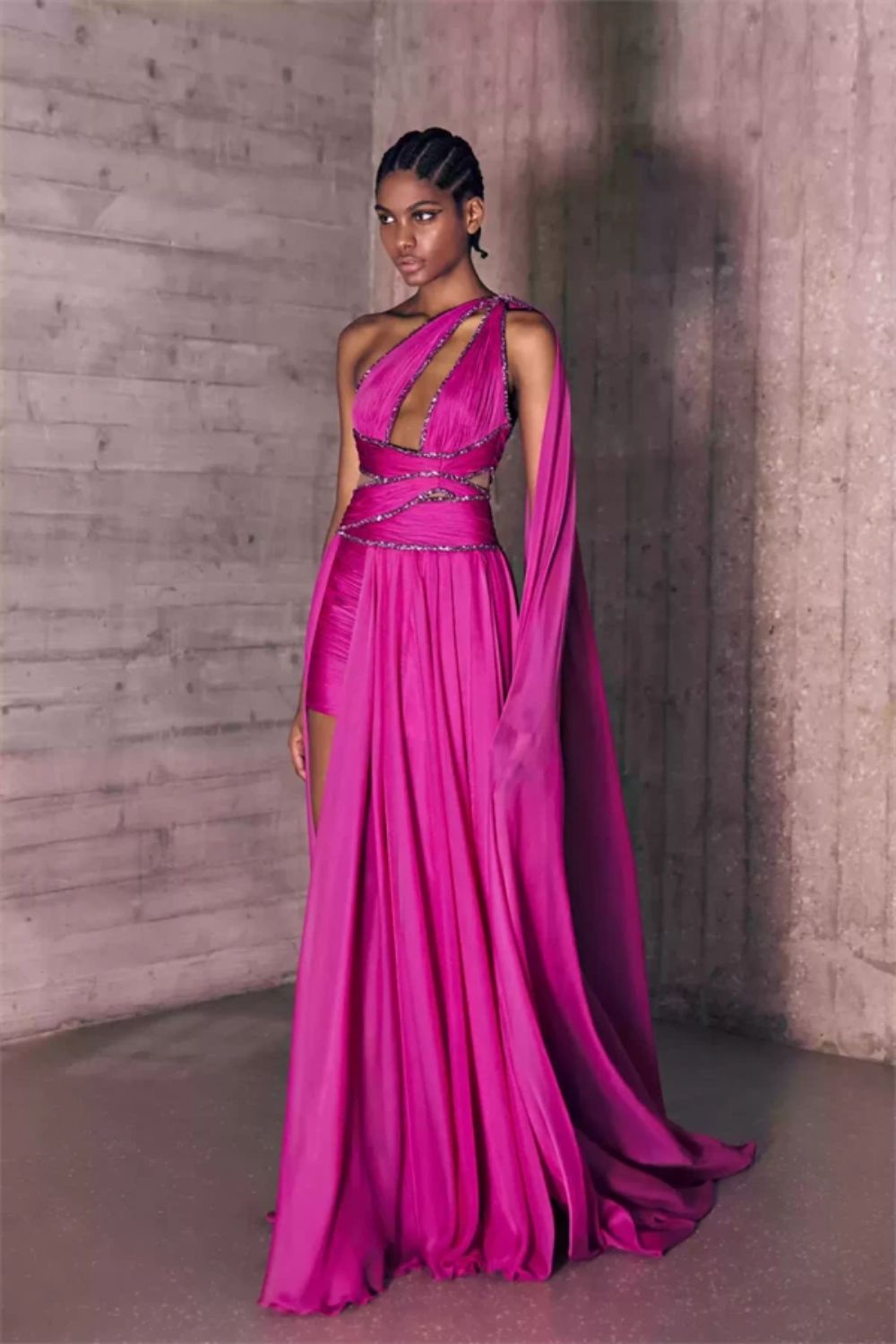 woman in a hot pink long gown