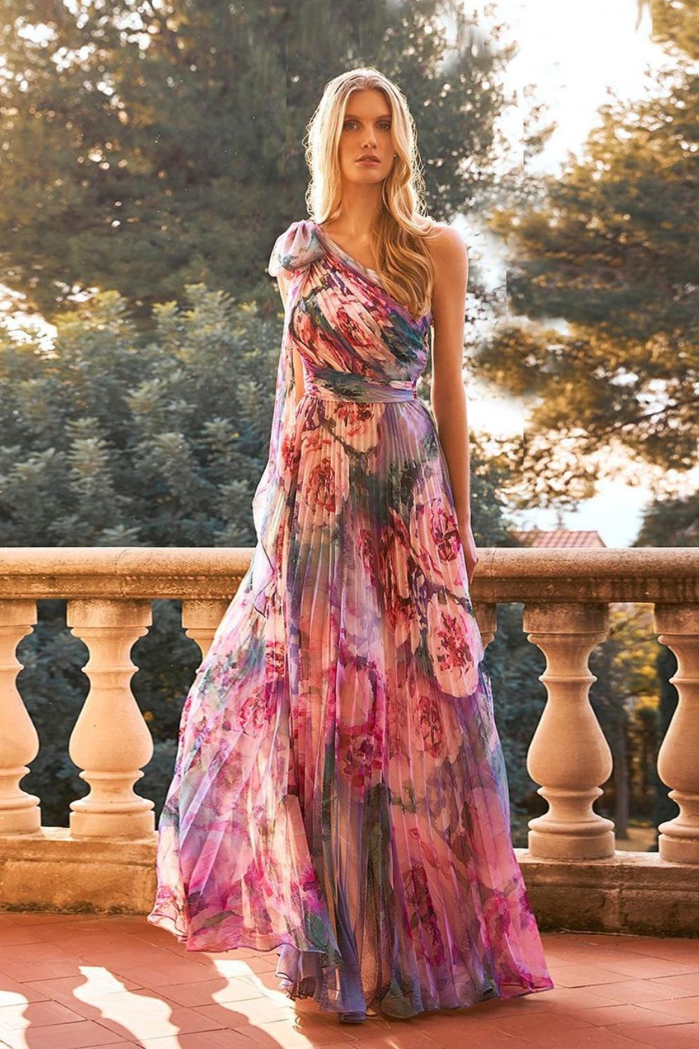 woman wearing flowy floral dress