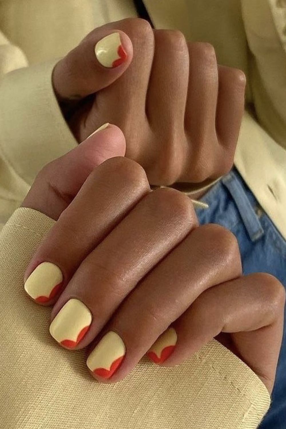 yellow short nails with red details