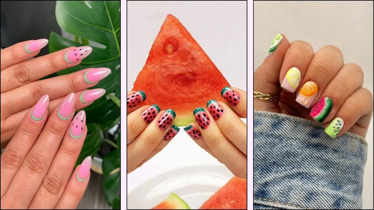 collage of three pictures of watermelon nails