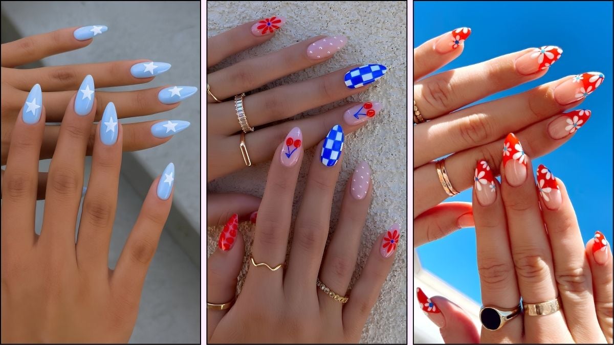 A collage of festive nail designs for 4th of July