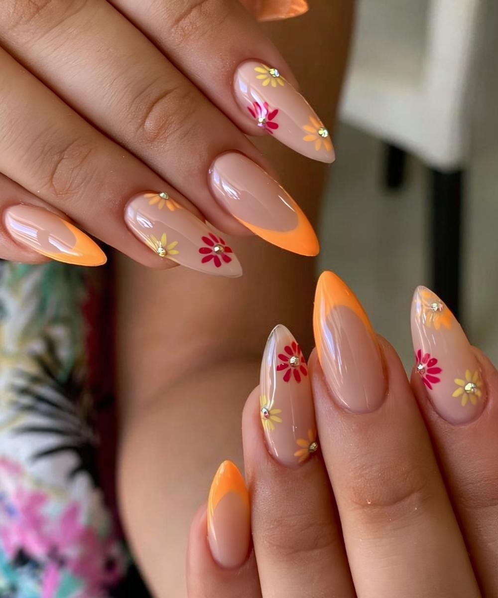 Almond orange French with floral art