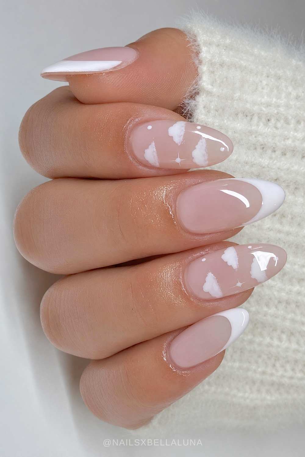 Almond white French nails with cloud art