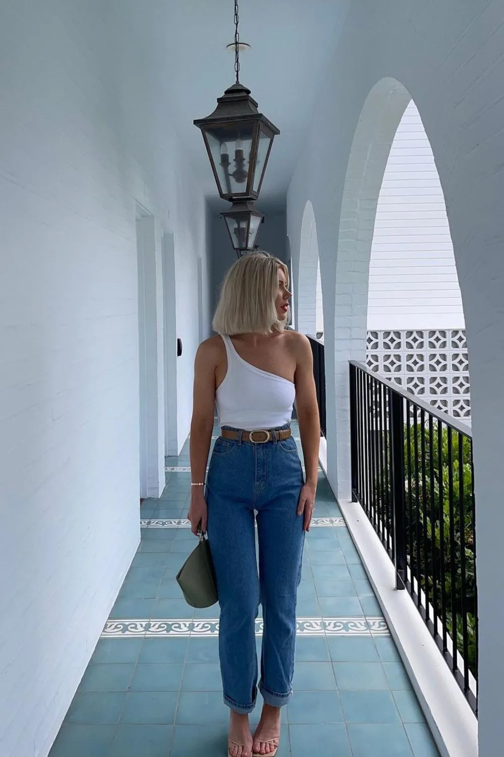 Asymmetric top and straight leg jeans