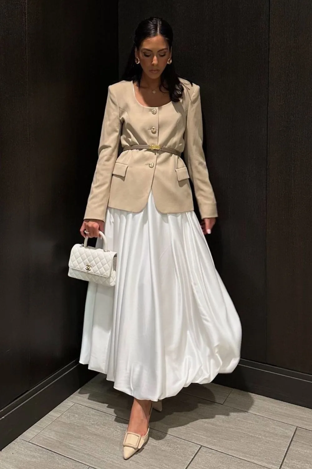 Beige Blazer and White Skirt