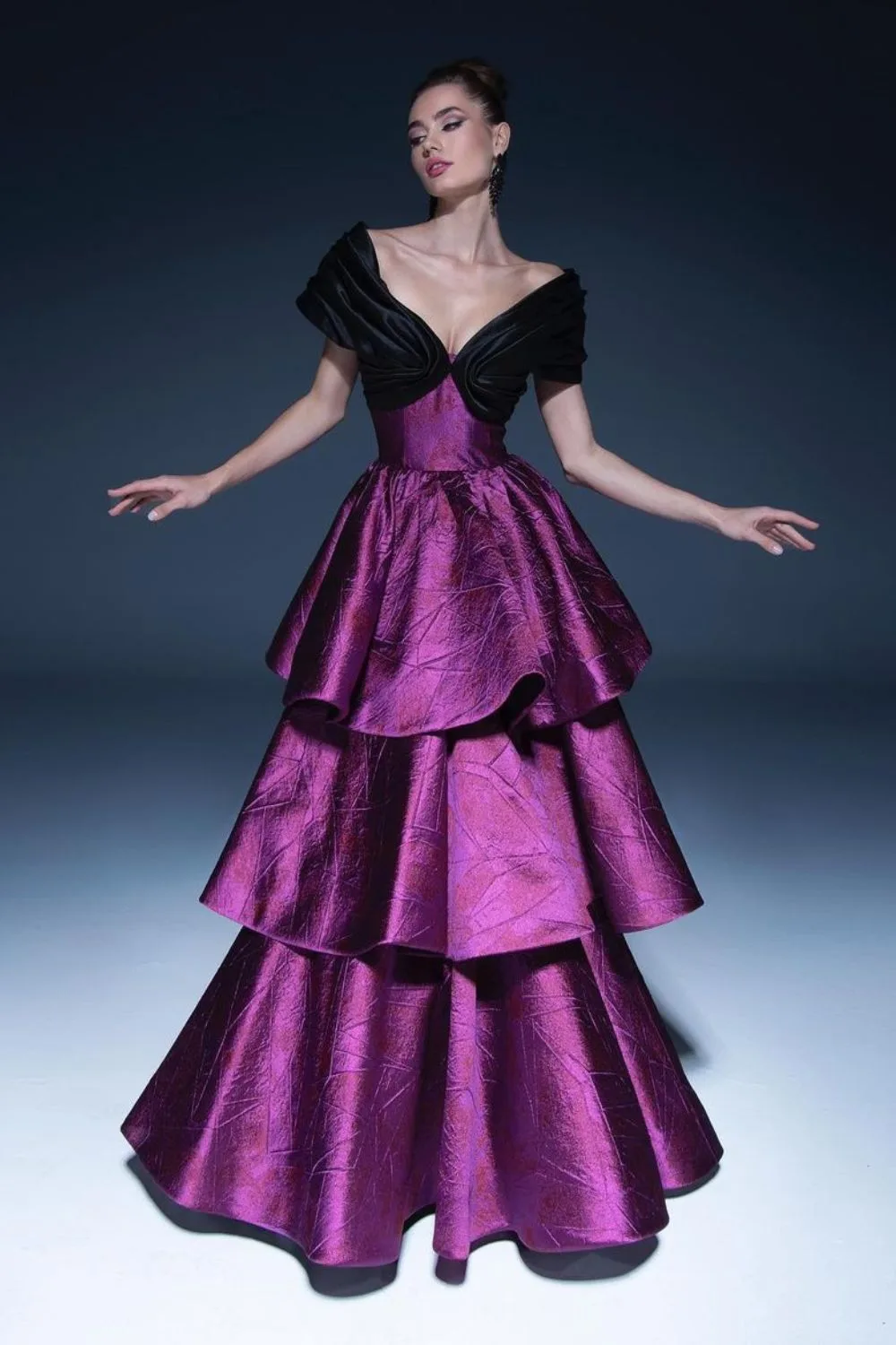 Black and purple tiered gown