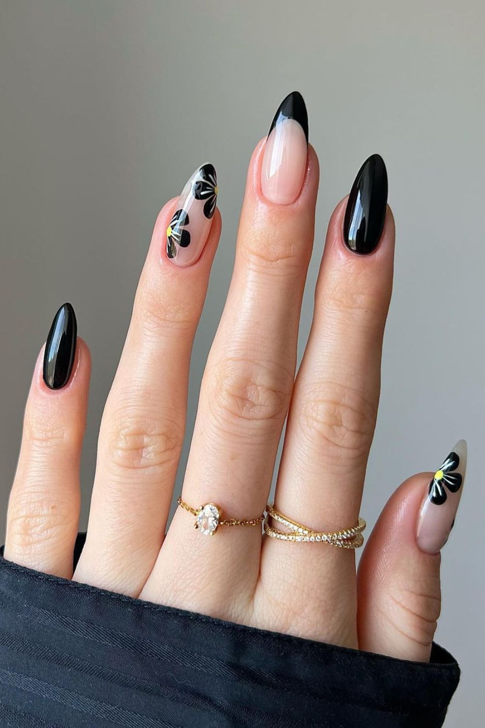 Black french nails with florarl details