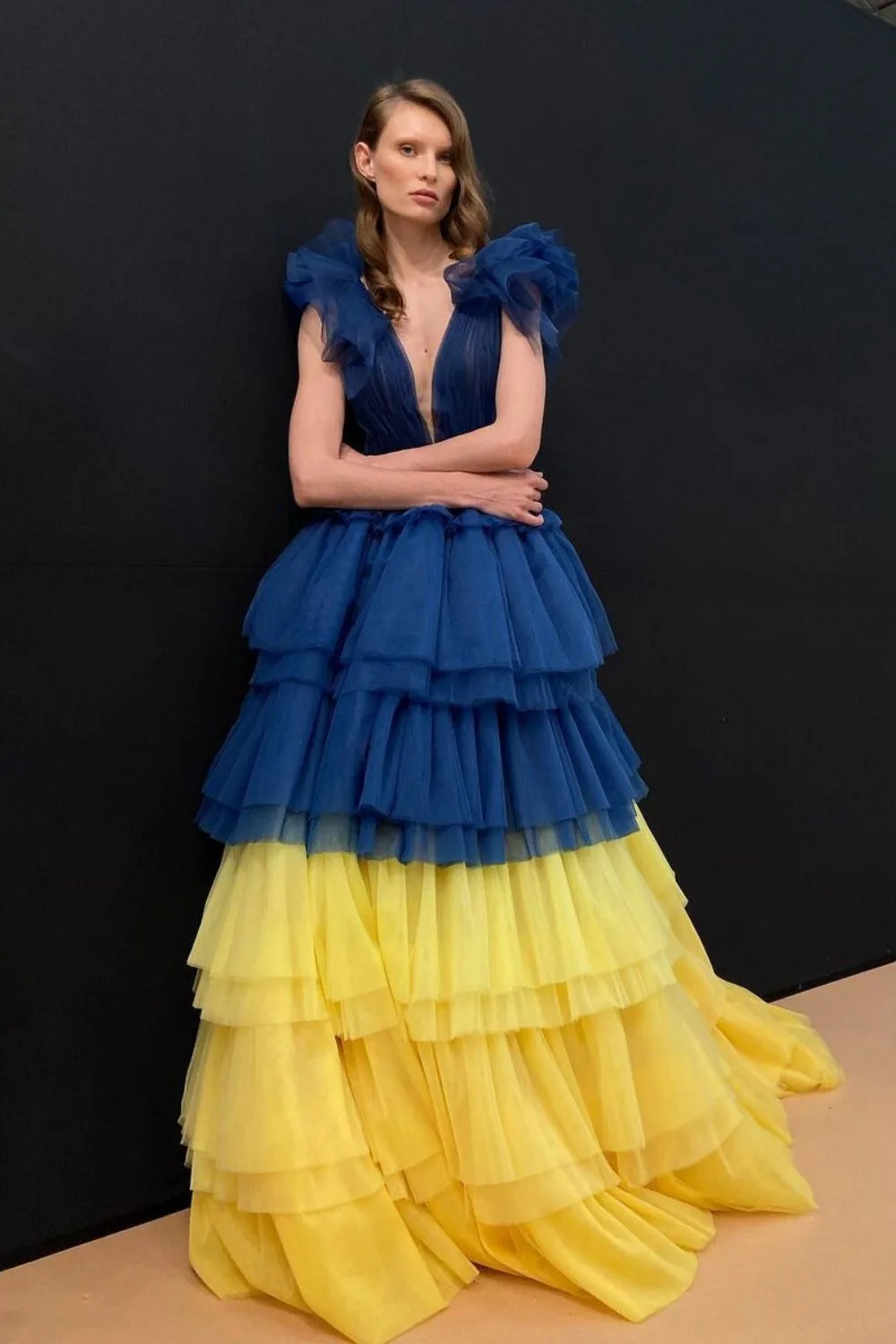 Blue and yellow tiered gown