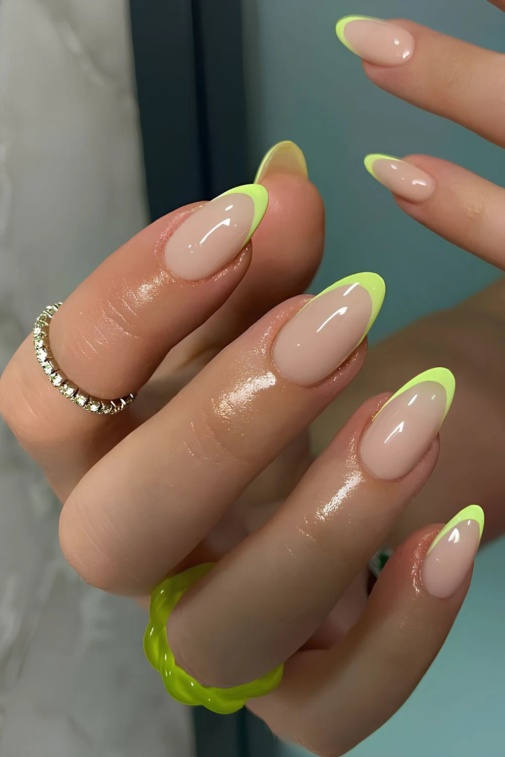 Bright green French manicure