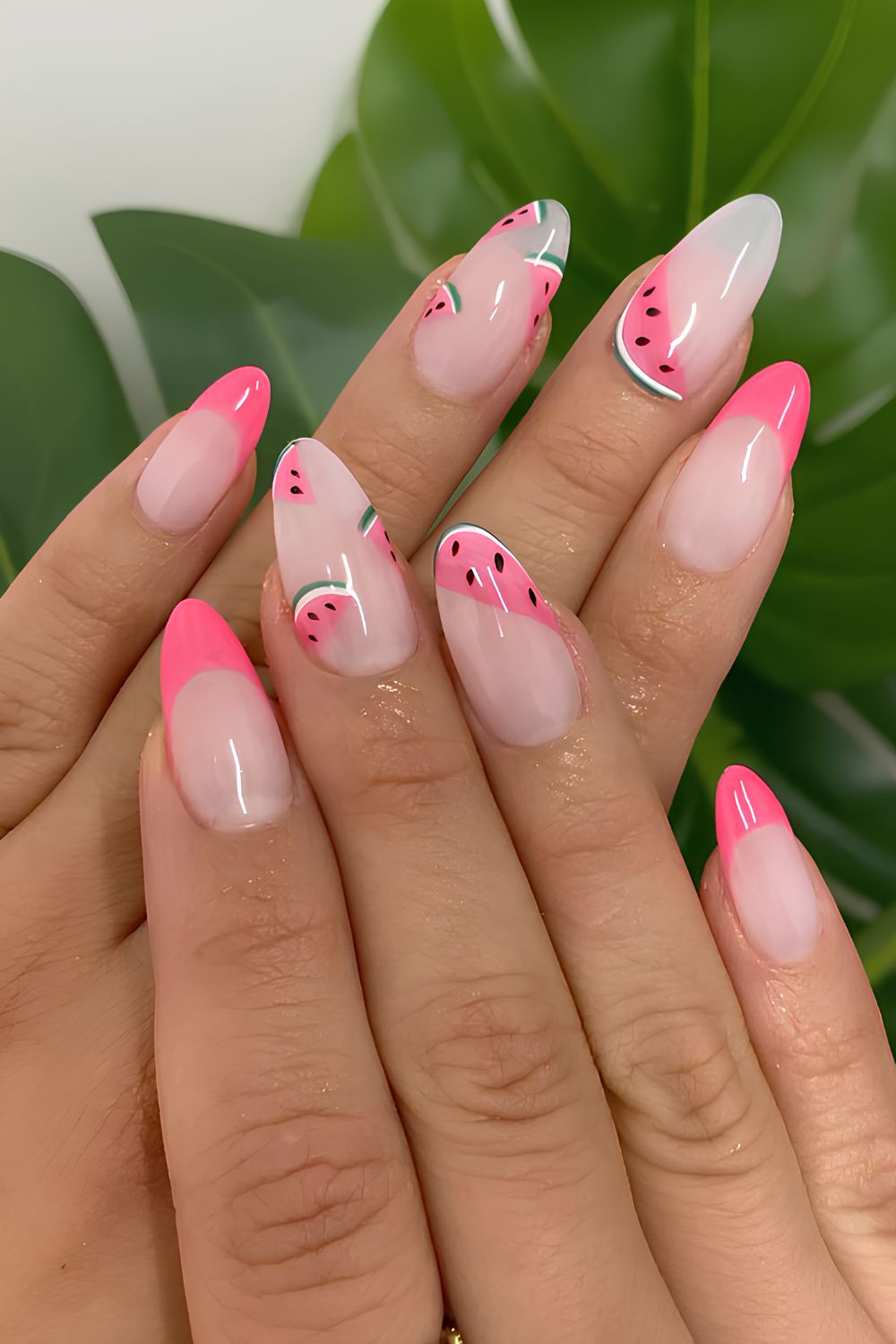 Bubblegum pink nails with watermelon art