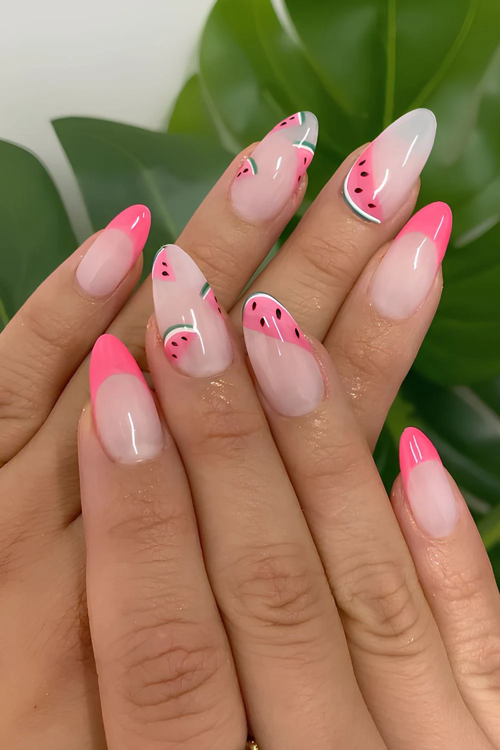 Bubblegum pink nails with watermelon art
