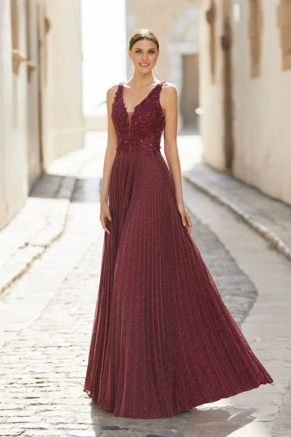 Burgundy beaded v-neck gown