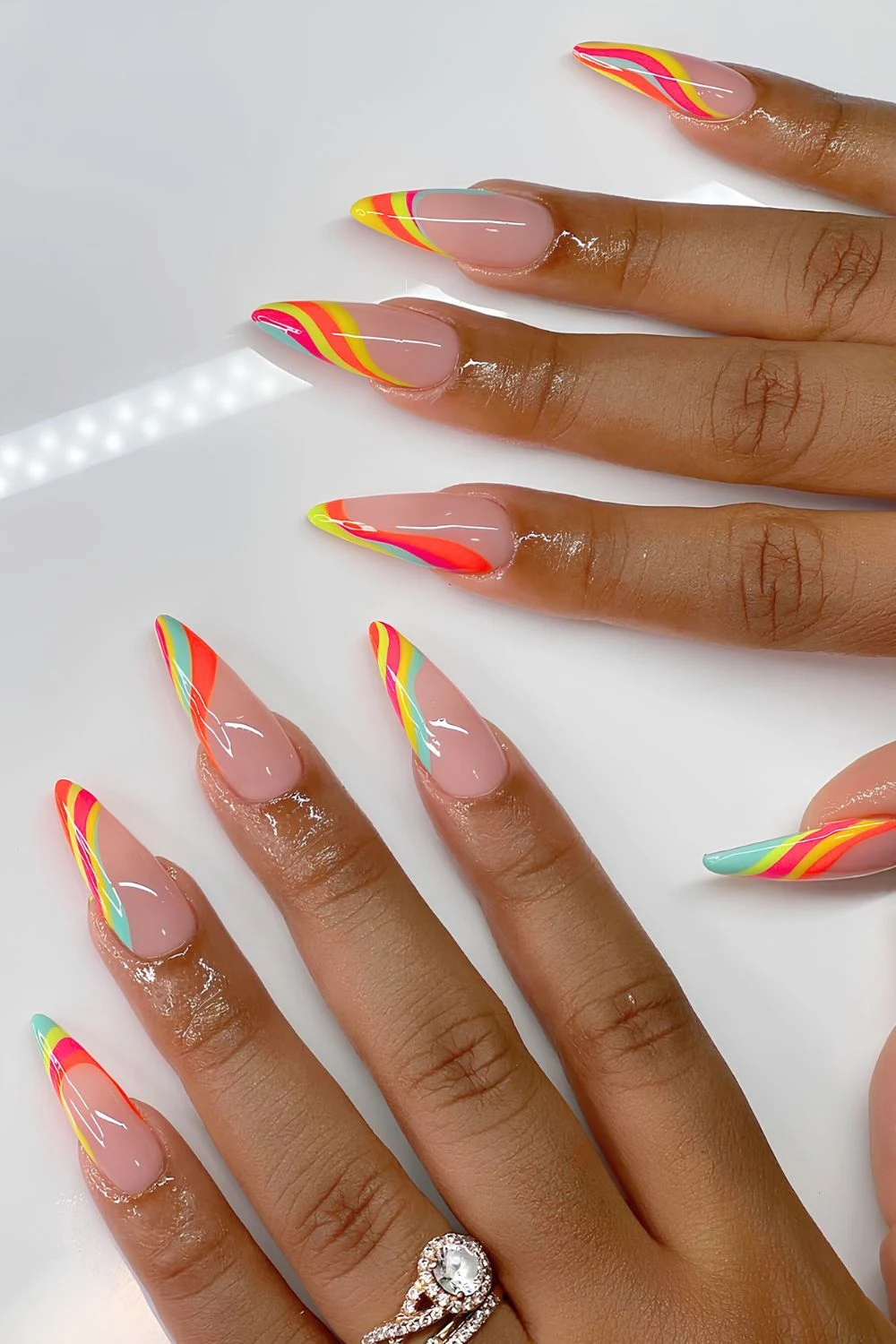 Colorful neon swirly French mani