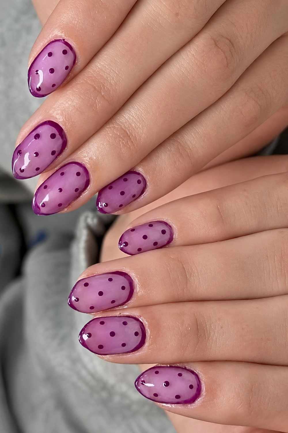 Dark and light purple polka dot nails