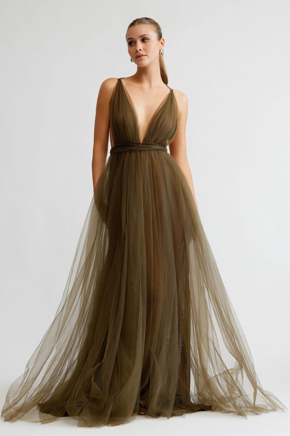 Deep-olive plunge gown