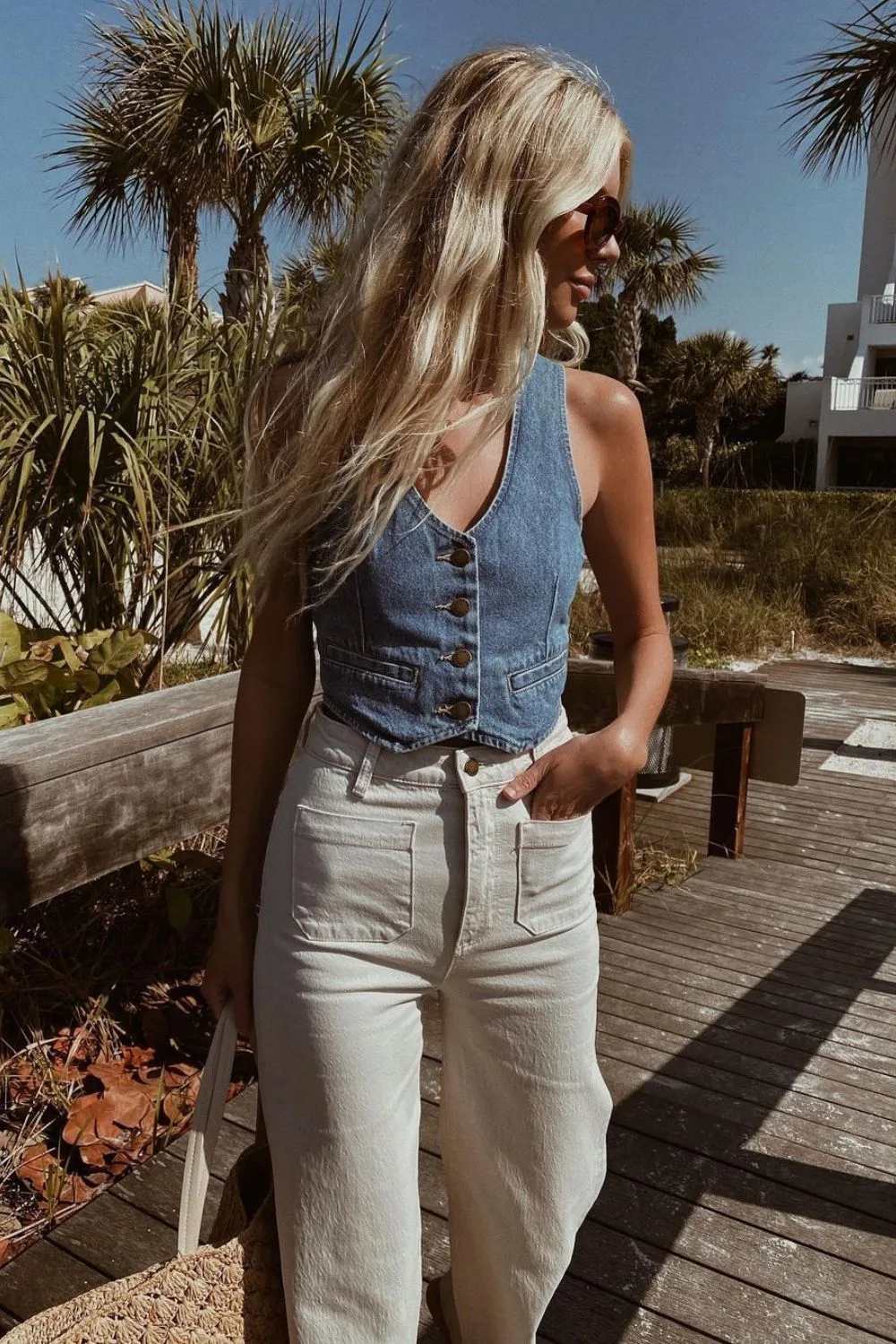 Denim crop vest and white jeans