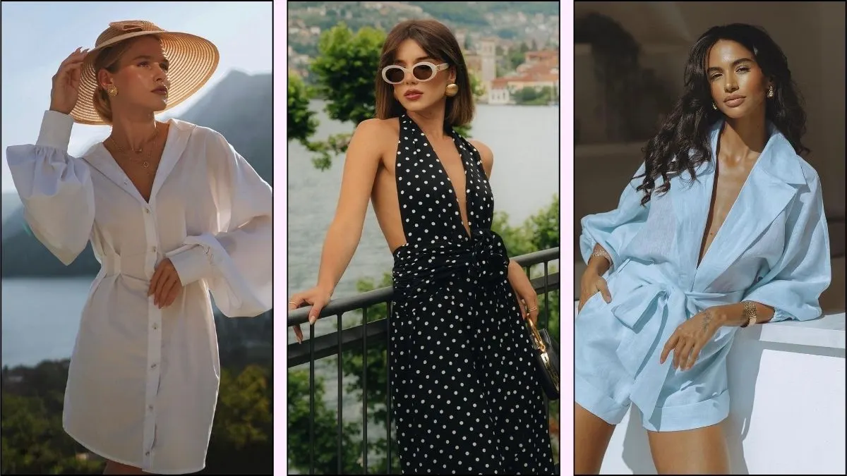 A collage of elegant summer vacation outfits