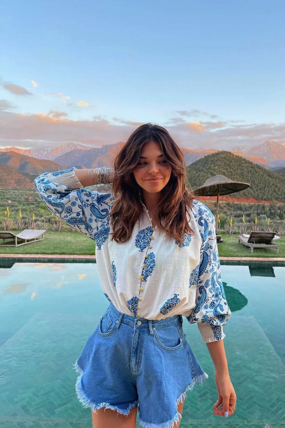 Floral blouse and denim shorts