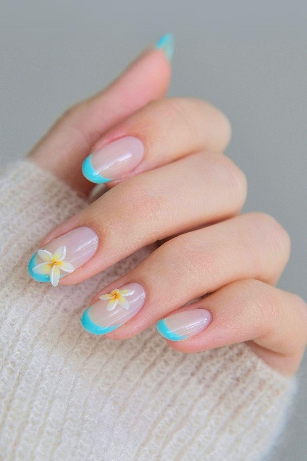 Floral blue french nails