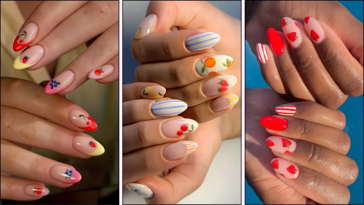A collage of fruit-inspired nail designs