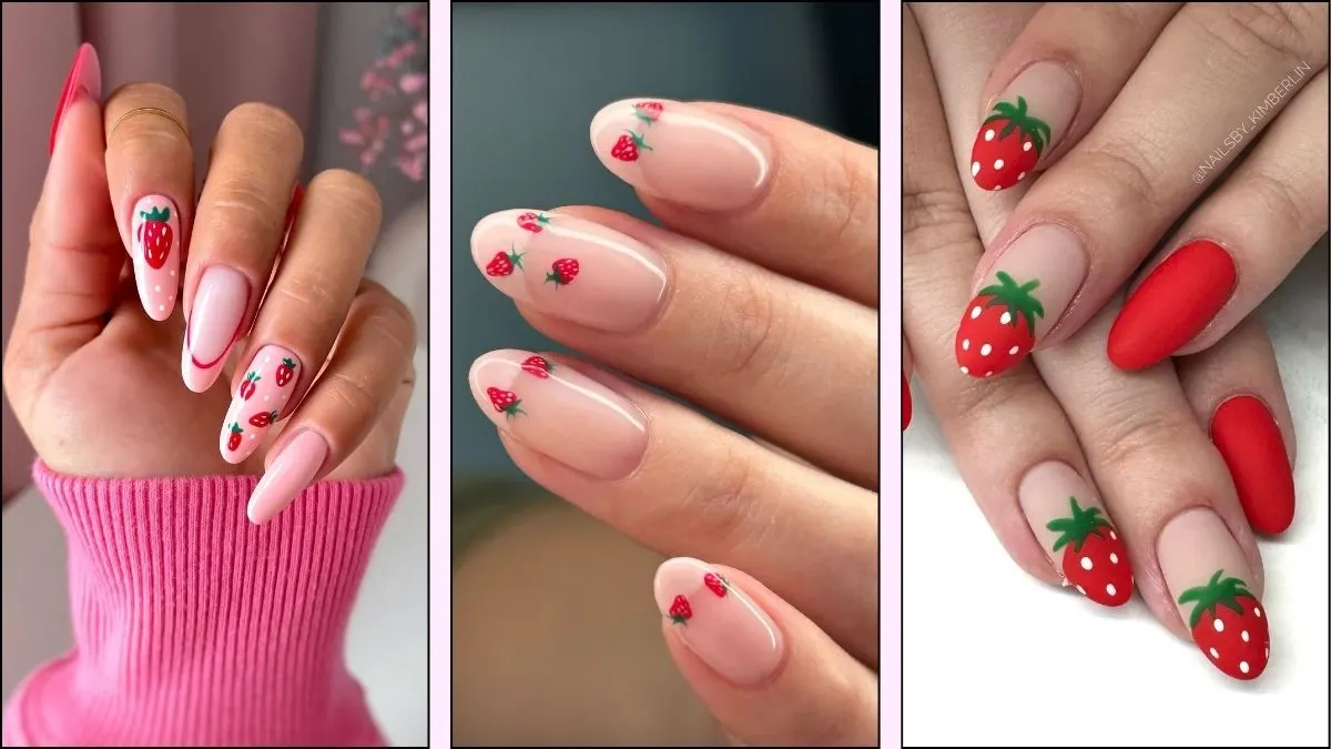 collage of three pictures of strawberry nails