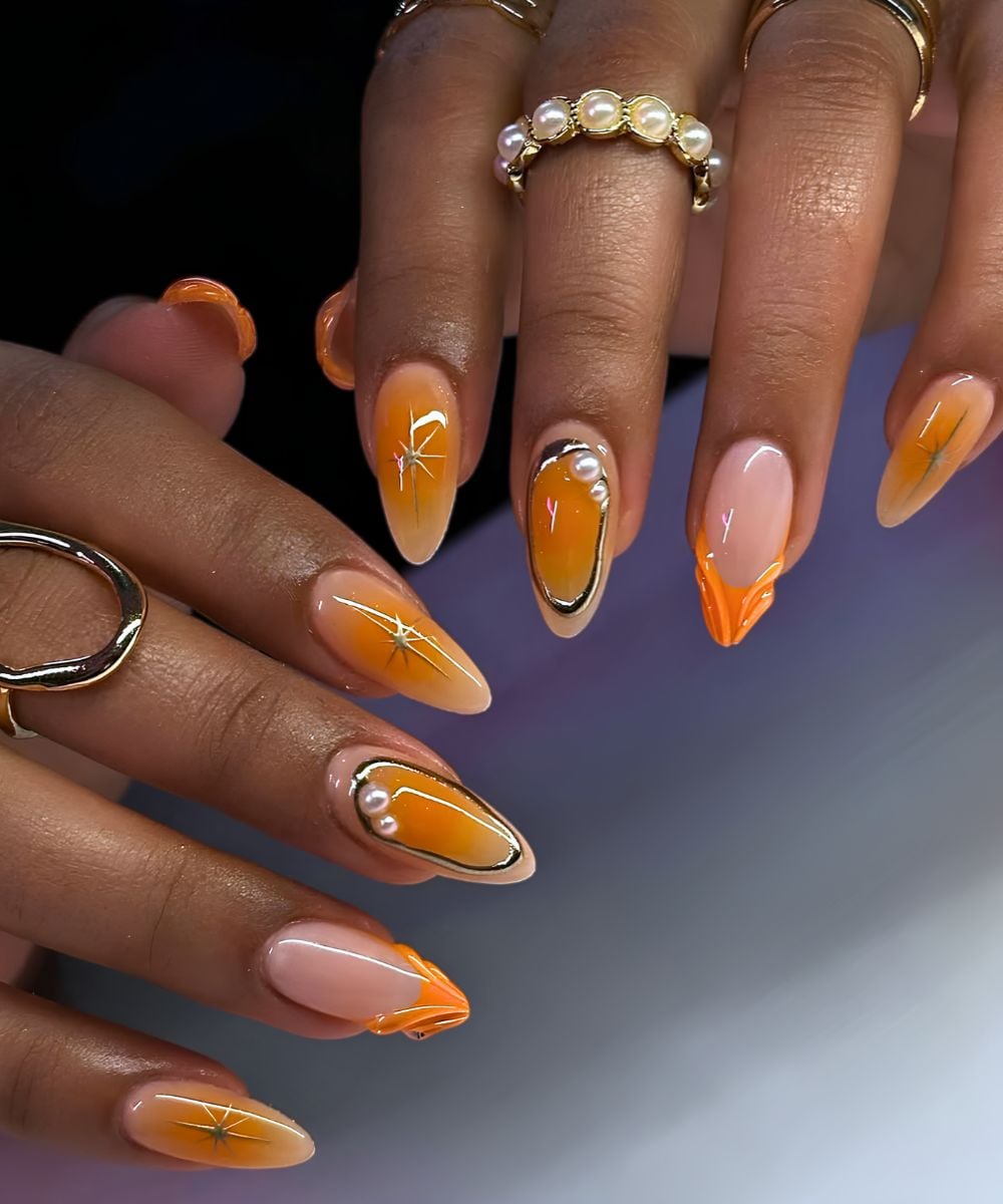Gold and orange mix and match nails