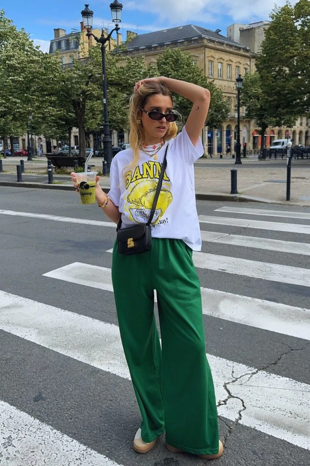 Graphic tee with wide-leg pants