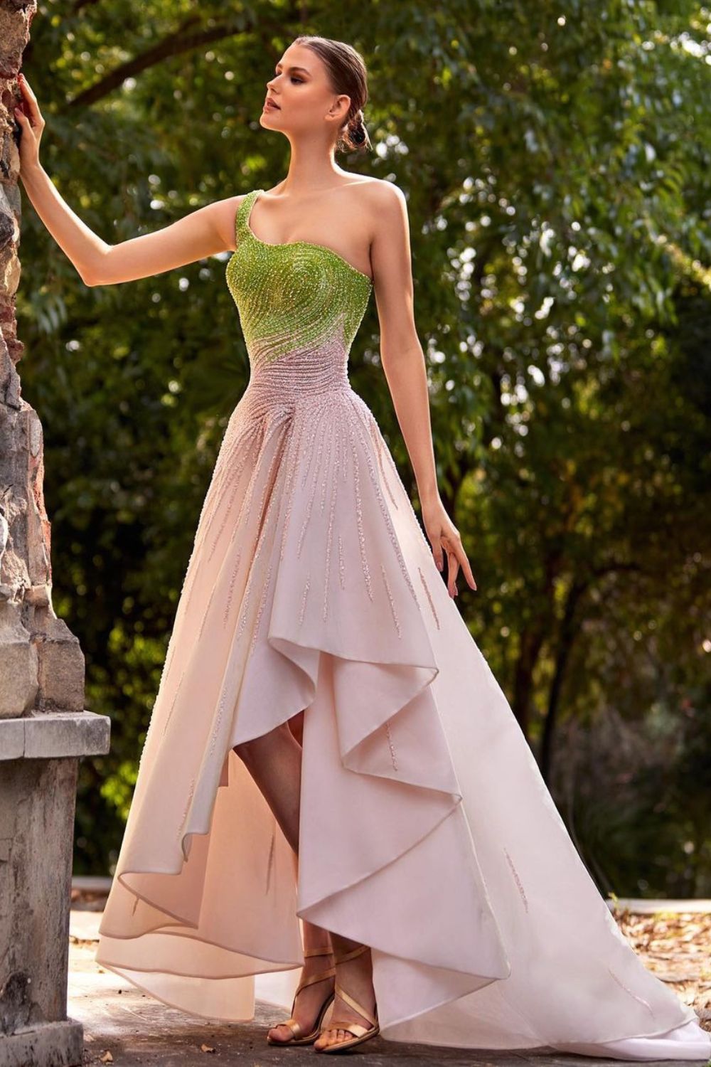 Green and beige asymmetric gown