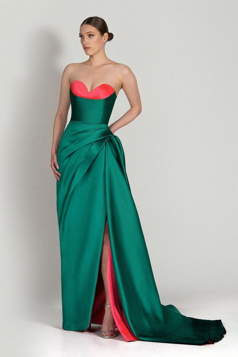 Green and coral strapless gown