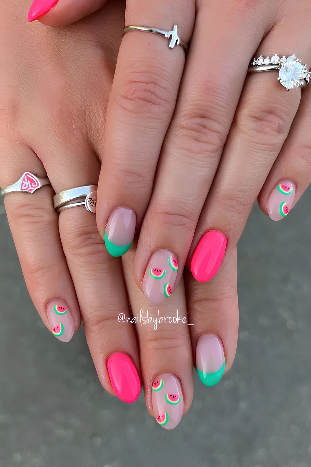 Green and pink nails with tiny watermelons