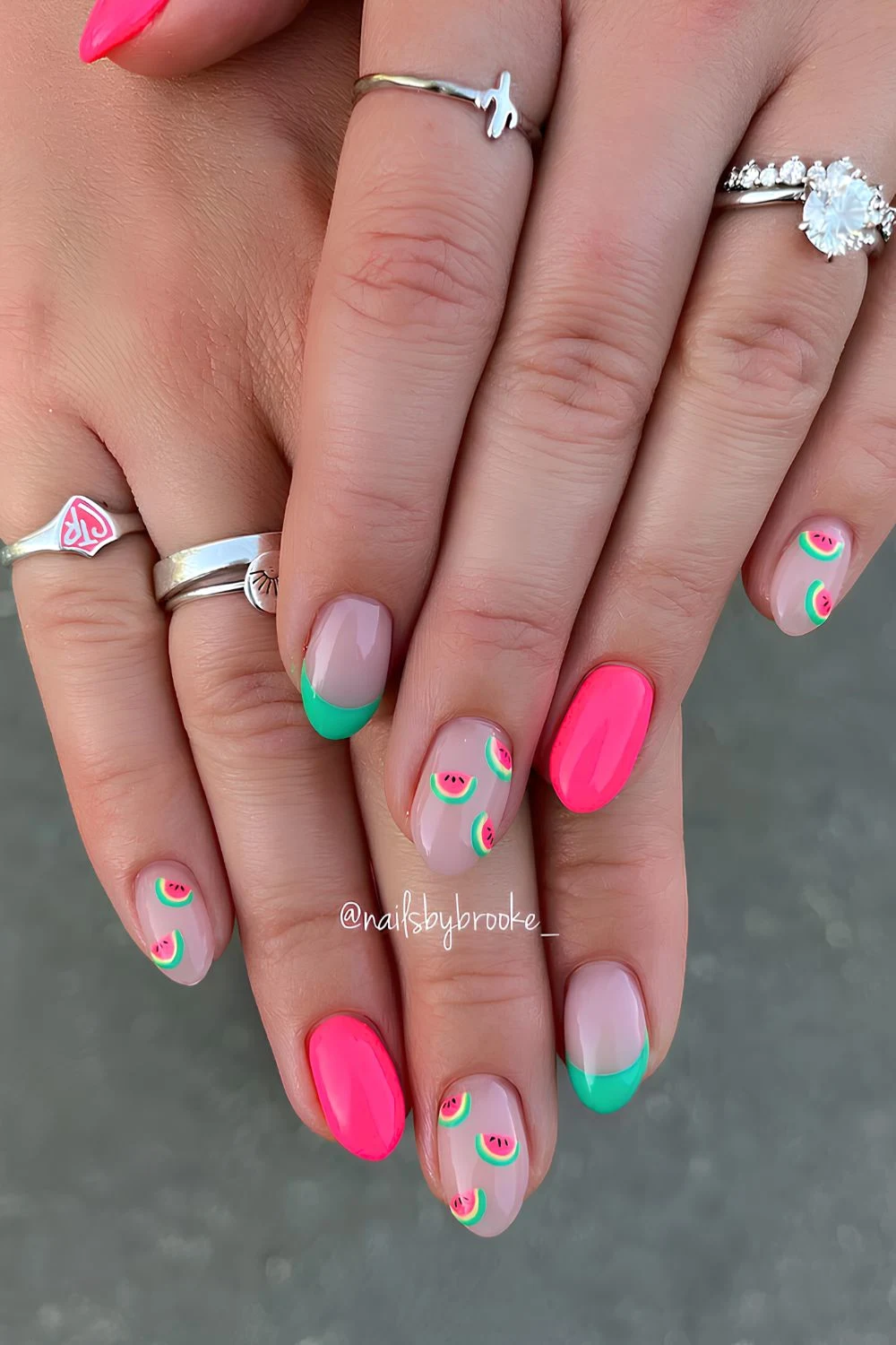 Green and pink nails with tiny watermelons