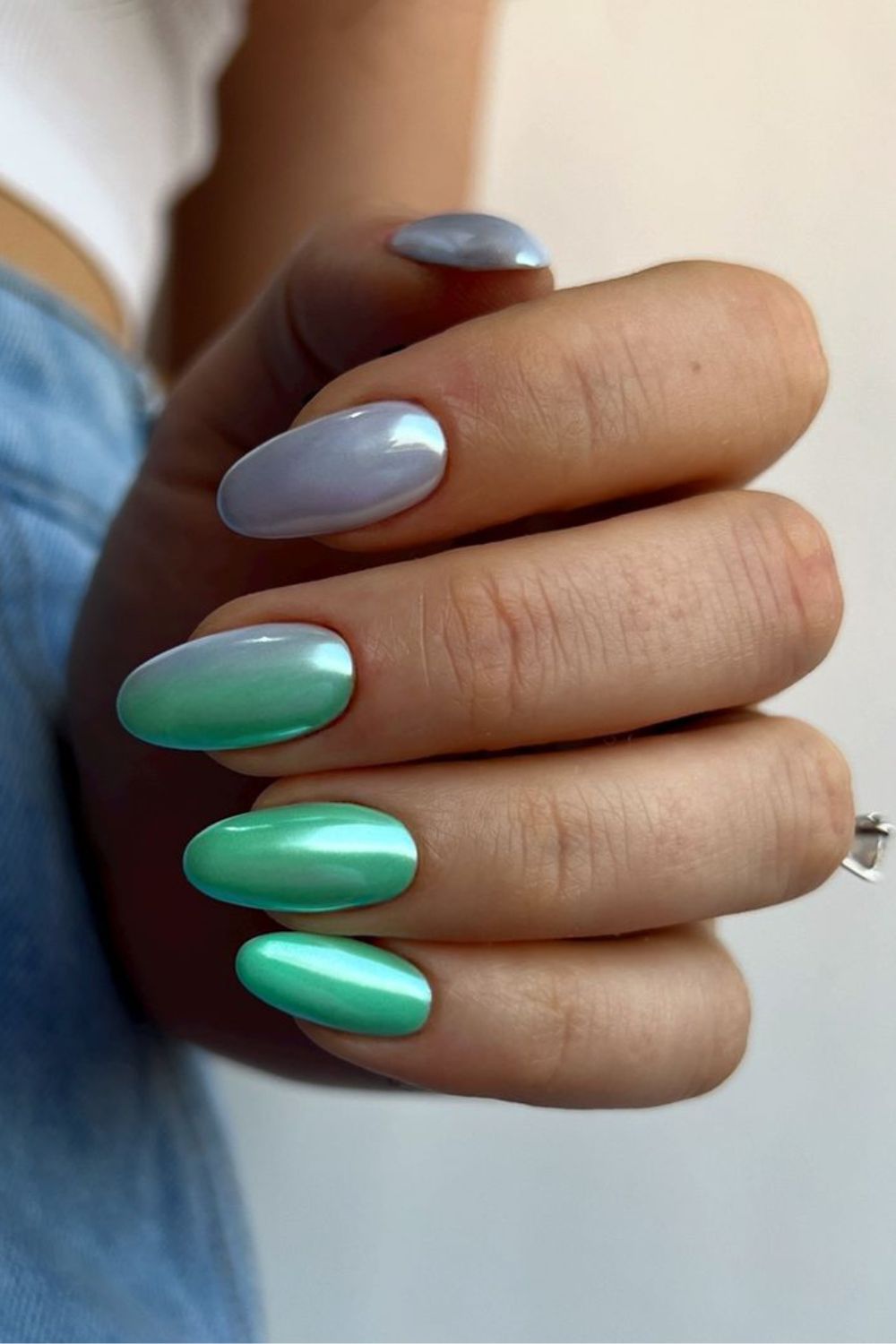 Green and silver chrome nails