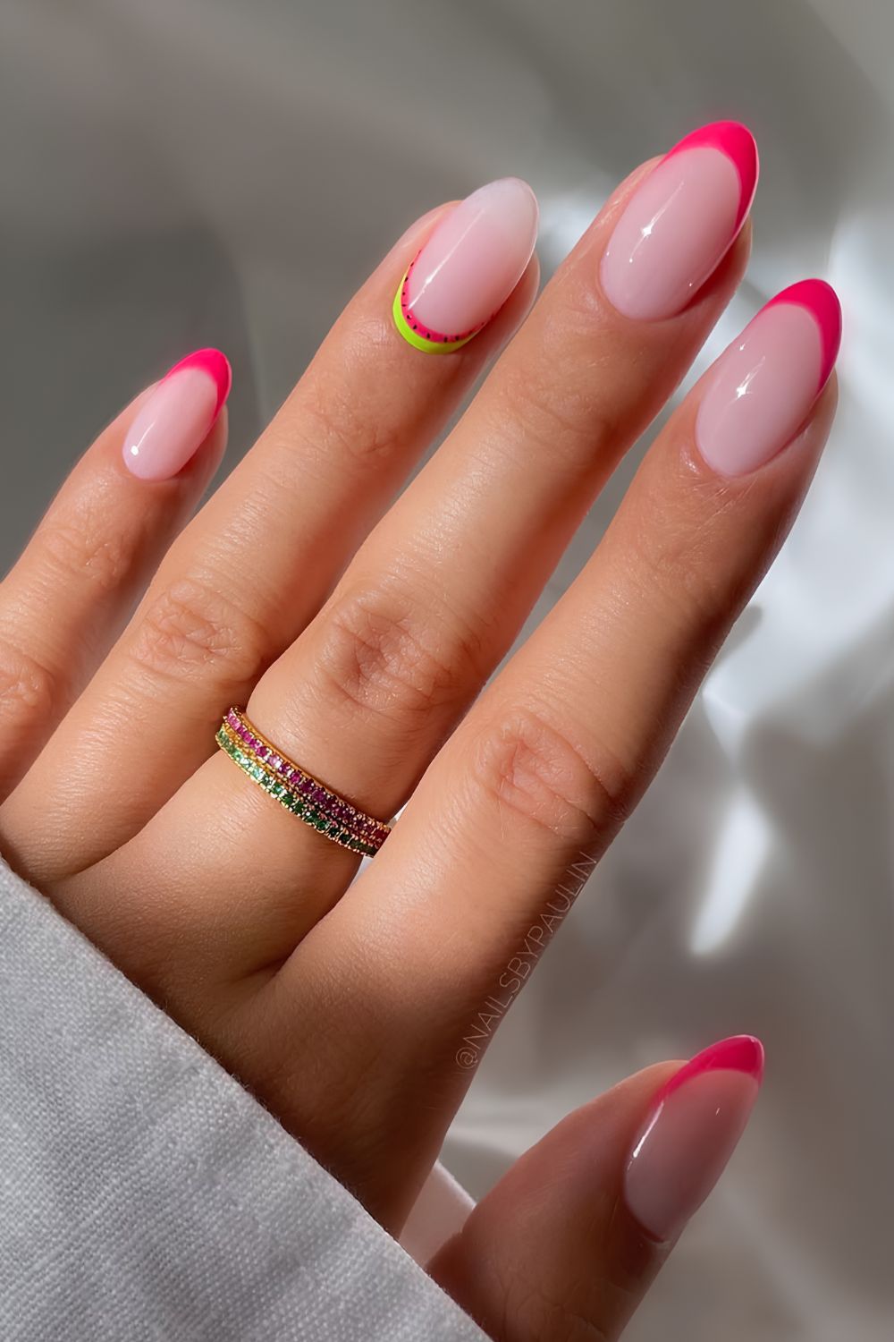 Hot pink French mani with watermelon art