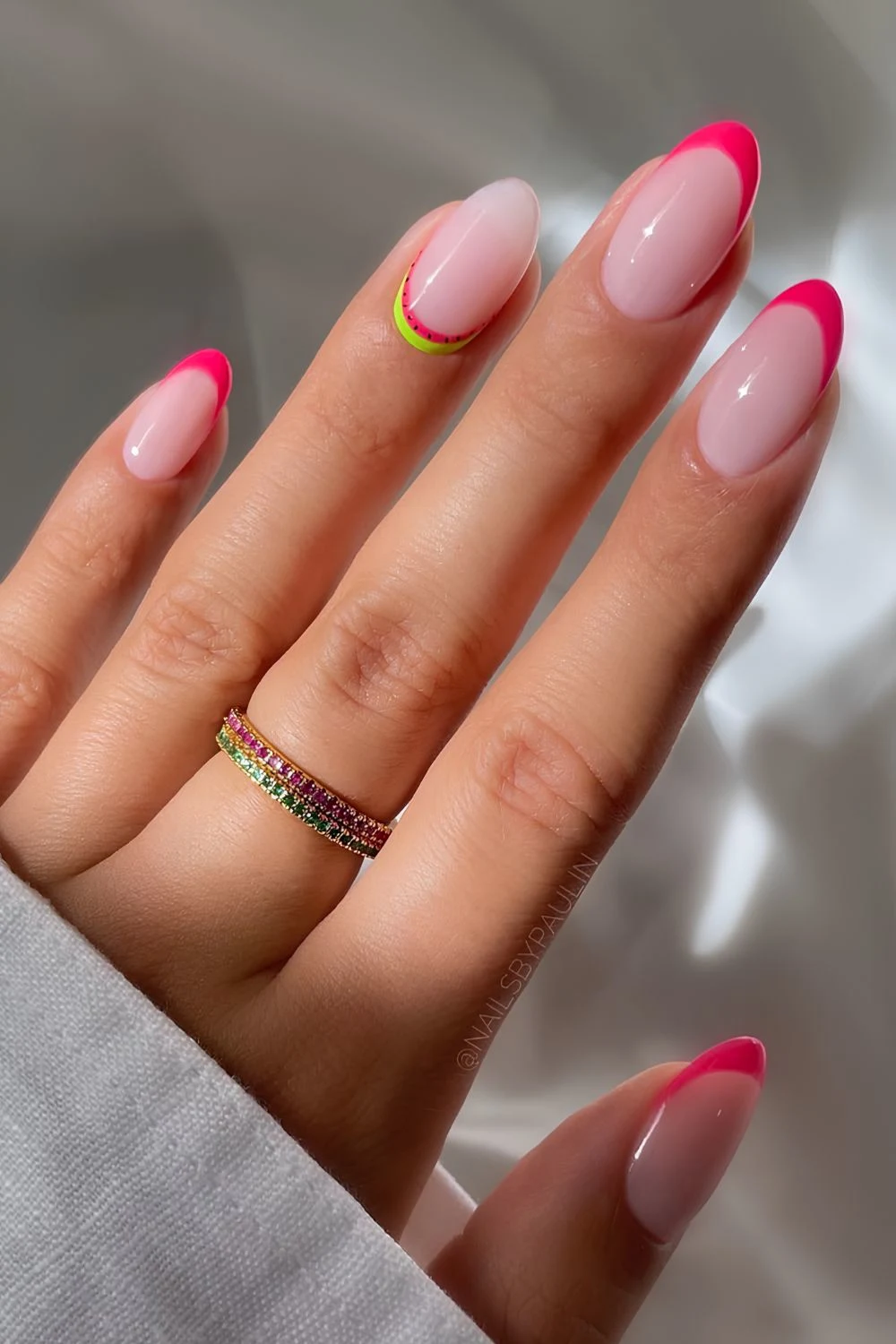 Hot pink French mani with watermelon art