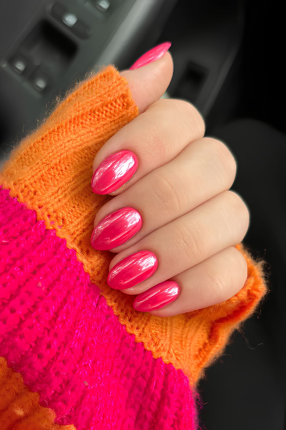 Hot pink chrome effect nails