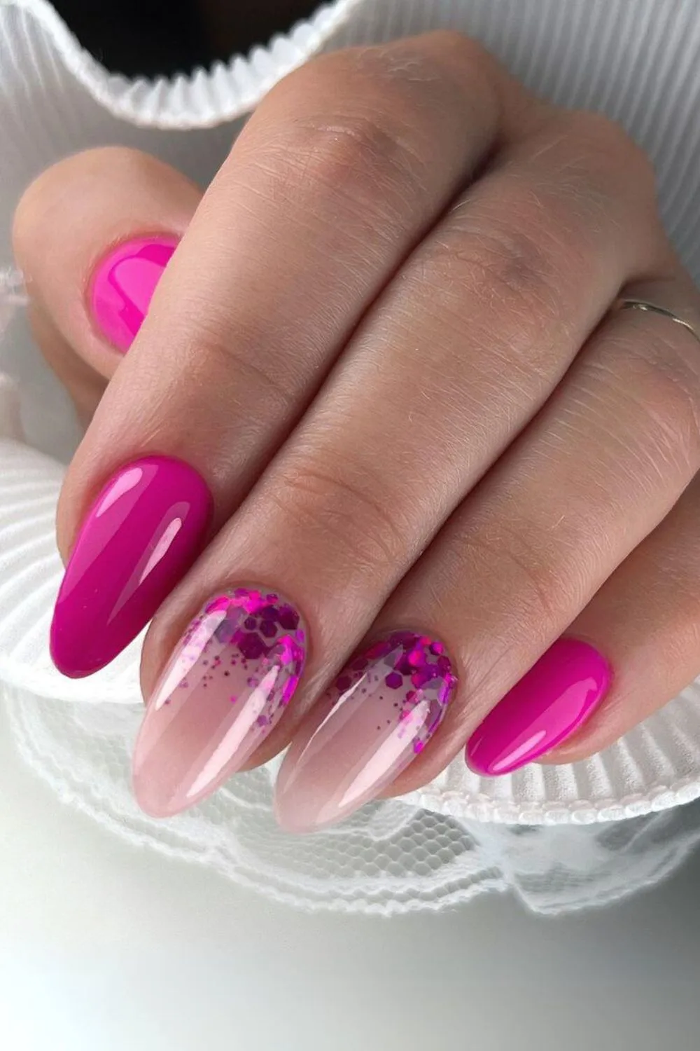 Hot pink glitter nails